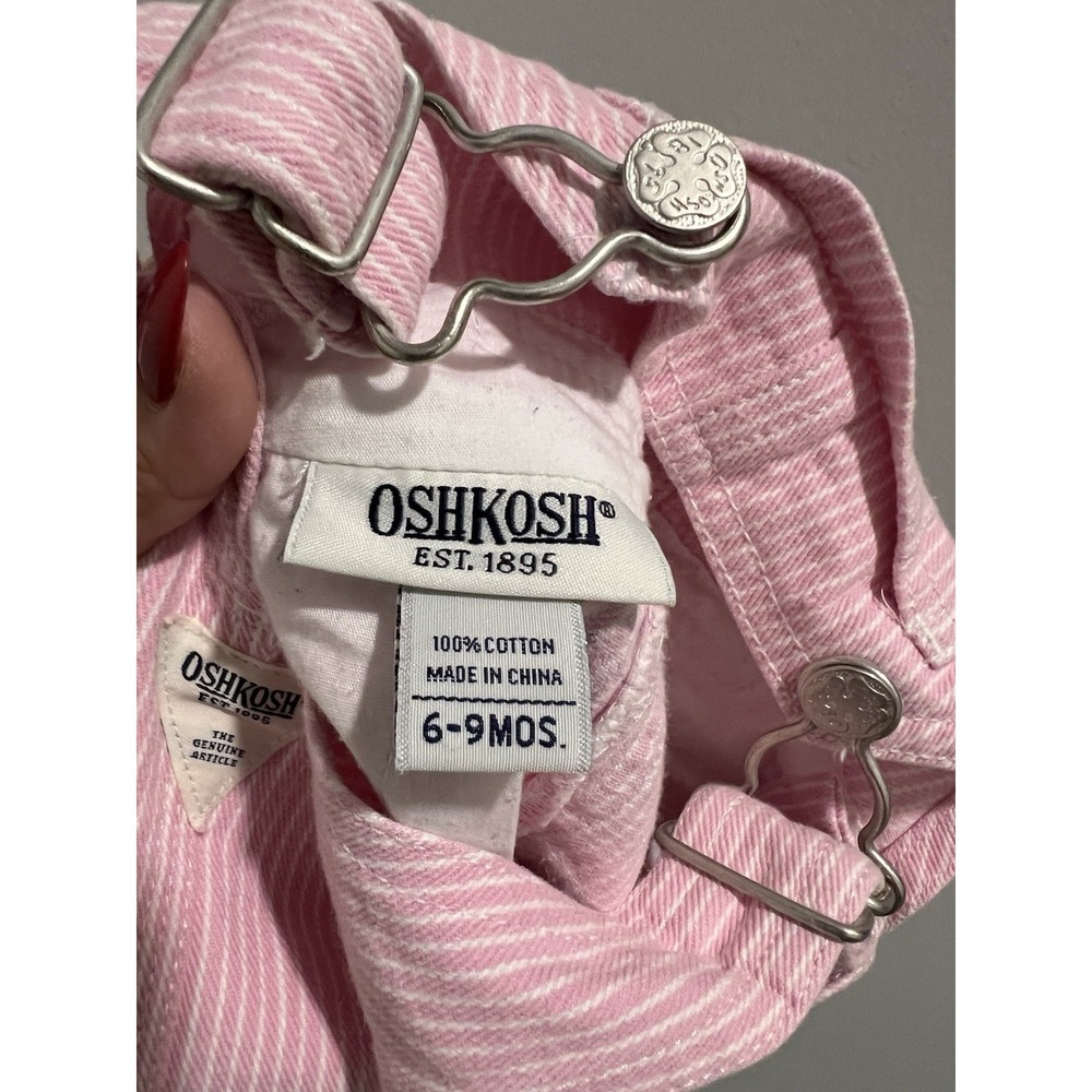 Vintage Oshkosh B'gosh Baby Girls Pink/White Striped Bib Jumper Overalls 6-9 M - Picture 5 of 7